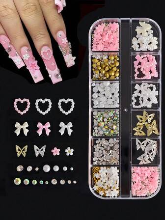 Y2Kネイルアート デコレーションキット 1箱 - 3Dバタフライ、リボン&ハートチャーム ラインストーン、パール&ダイヤモンド付き、無香料マニキュアアクセサリー レディース用