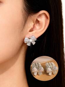 1pair Fantasy Bow Platinum Plated Stud Earrings Exquisite Hollow Out Cube Cubic Zirconia Earring For Women Daily Commute Dating Christmas Wedding Gift Copper Jewelry - Silver - View 2