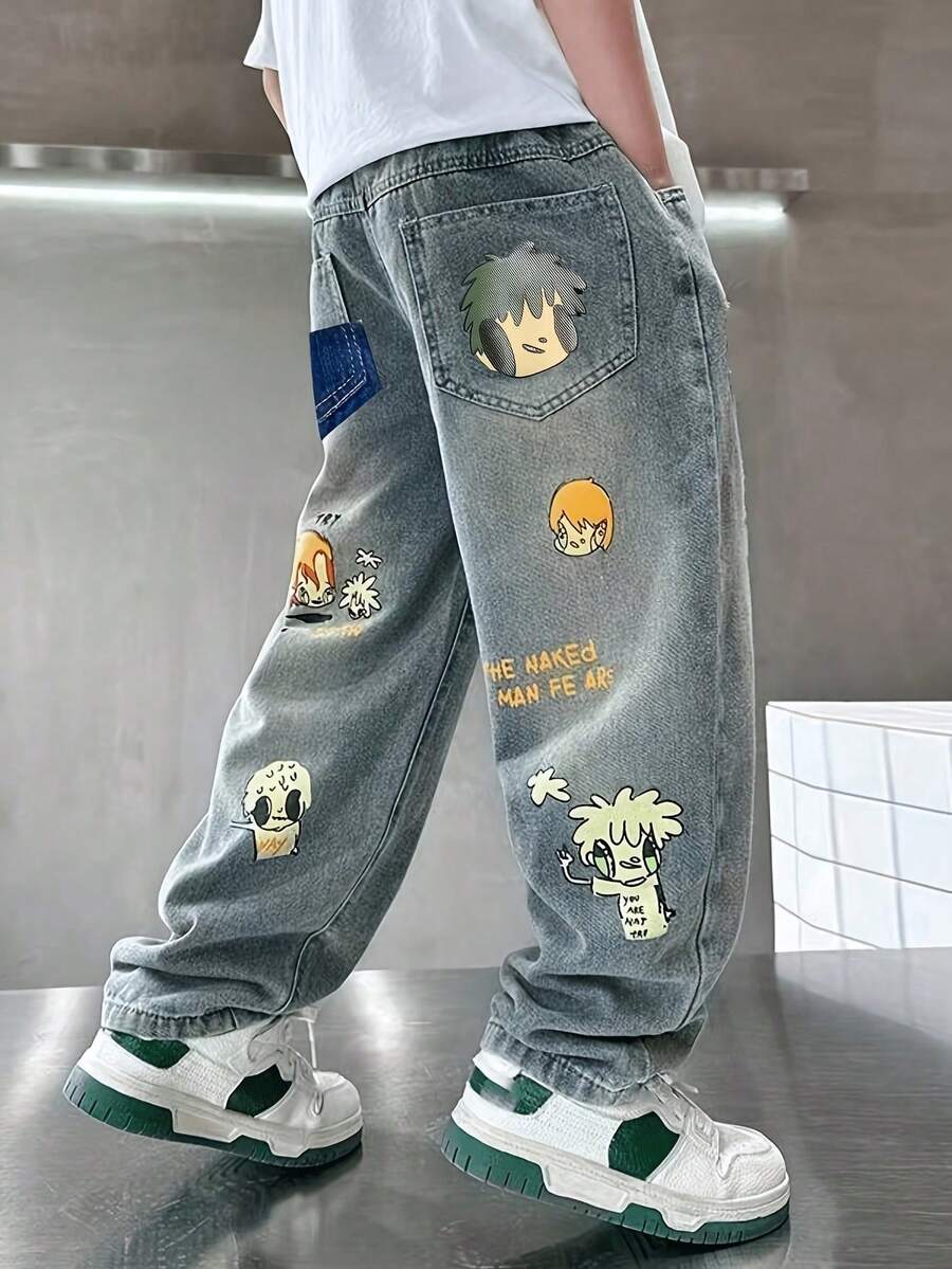 Teen Boys' Cartoon Print Loose Fit Jeans, Streetwear Casual Pants, Spring/Autumn - Medium Wash - View 1