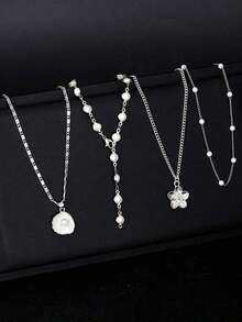 4pcs Fashionable Minimalist Bohemian Shell Flower & Faux Pearl Y-Necklace Set, Versatile For Vacation, Date, Party, Gift, Daily Wear - 黃金 - 查看 2