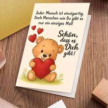 "Jeder Mensch Ist Einzigartig" German Adult Card - Teddy Bear & Heart Affectionate Design (Includes Envelope) - Multicolor - View 9