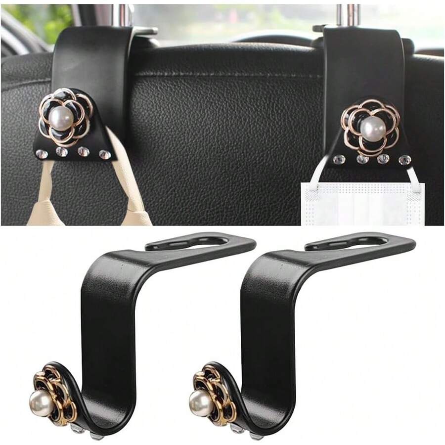 Bling Car Seat Headrest Hook, 2PCS Crystal Rhinestone Vehicle Purse Bags Holder, Diamond Automotive Interior Backseat Storage Hanger Accessories, Universal For SUV, Sedan, Truck (Black) - 白色 - 查看 1