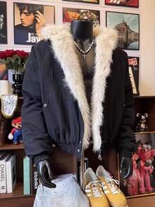 American Retro Fur Collar Hooded Mountain Carved Cotton Jacket Men's Winter Warm Short Cotton Jacket - 黑色 - 查看 3