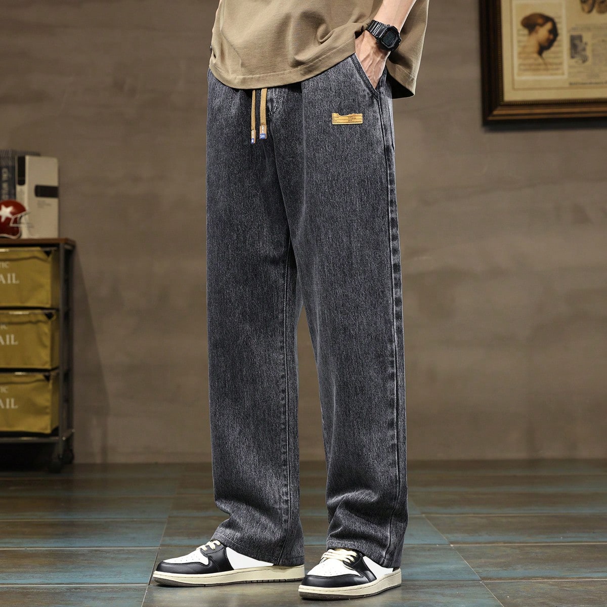 Jeans de mezclilla lavados y desgastados informales para hombre con cintura de cordón ajustable