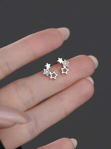 925 Sterling Silver Hollow Five-Pointed Star Stud Earrings, Minimalist Personalized Versatile Earrings, Suitable For Women's Daily Wear, Mother, Girlfriend, Easter, Valentine's Day Gift - Star - View 3