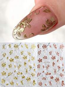 FULL BEAUTY 2片金色/玫瑰金金属叶子和樱花花瓣美甲贴纸，DIY美甲饰品，婚礼美甲装饰，春季美甲配件 - 彩色 - 查看 2