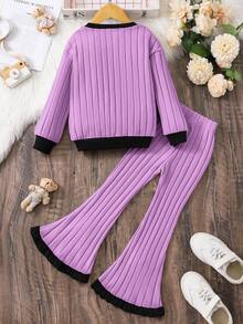 Bộ 2 món đồ thời trang giản dị dễ thương & thanh lịch cho bé gái, áo dài tay cổ tròn ấm áp & quần nơ, mùa thu/đông - Màu tím - Xem 2