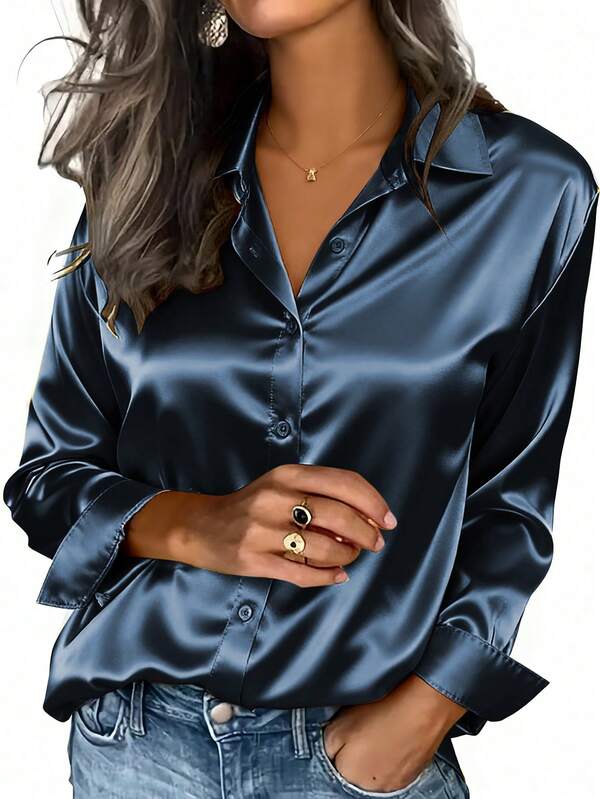 Women's Satin Shirt, Business Casual Button-Down Blouse With Notch Lapel, Elegant Office & Lounge Top For Fall Winter Spring