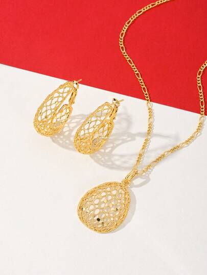 3-Piece Elegant Gold Jewelry Set: Wedding & Party Accessories - Necklace And Earrings - Copper Plated - Suitable For All Seasons - Women's Gold Set - Alternative To Gold Jewelry