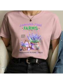 Lavender Field T-Shirt | Artistic Print With Flowers And Countryside Scent - 粉色 - 查看 2