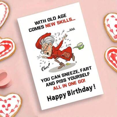 趣味老年人生日贺卡 - “打喷嚏、放屁等等”夸张插画设计（含信封）