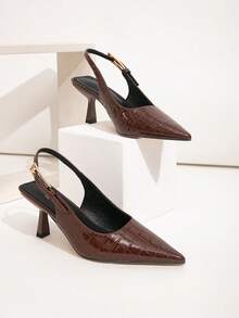 宽楦咖啡棕色亮面石纹金属搭扣装饰后跟细高跟鞋，百搭日常、宴会、派对等场合，时尚大码女鞋，酒红色高跟鞋 - 咖啡棕 - 查看 9