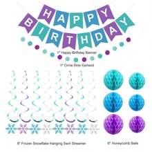 Frozen Birthday Party Decorations - Happy Birthday Banner With Honeycomb Balls, Snowflake Hanging Swirls Streamers, Circle Dots Garland Decorations - Birthday Decorations For S S - Trending, Best Seller, New Arrival, Party Supplies, Elegant Decor, Party Decoration, Wedding & Birthday - 彩色 - 查看 4