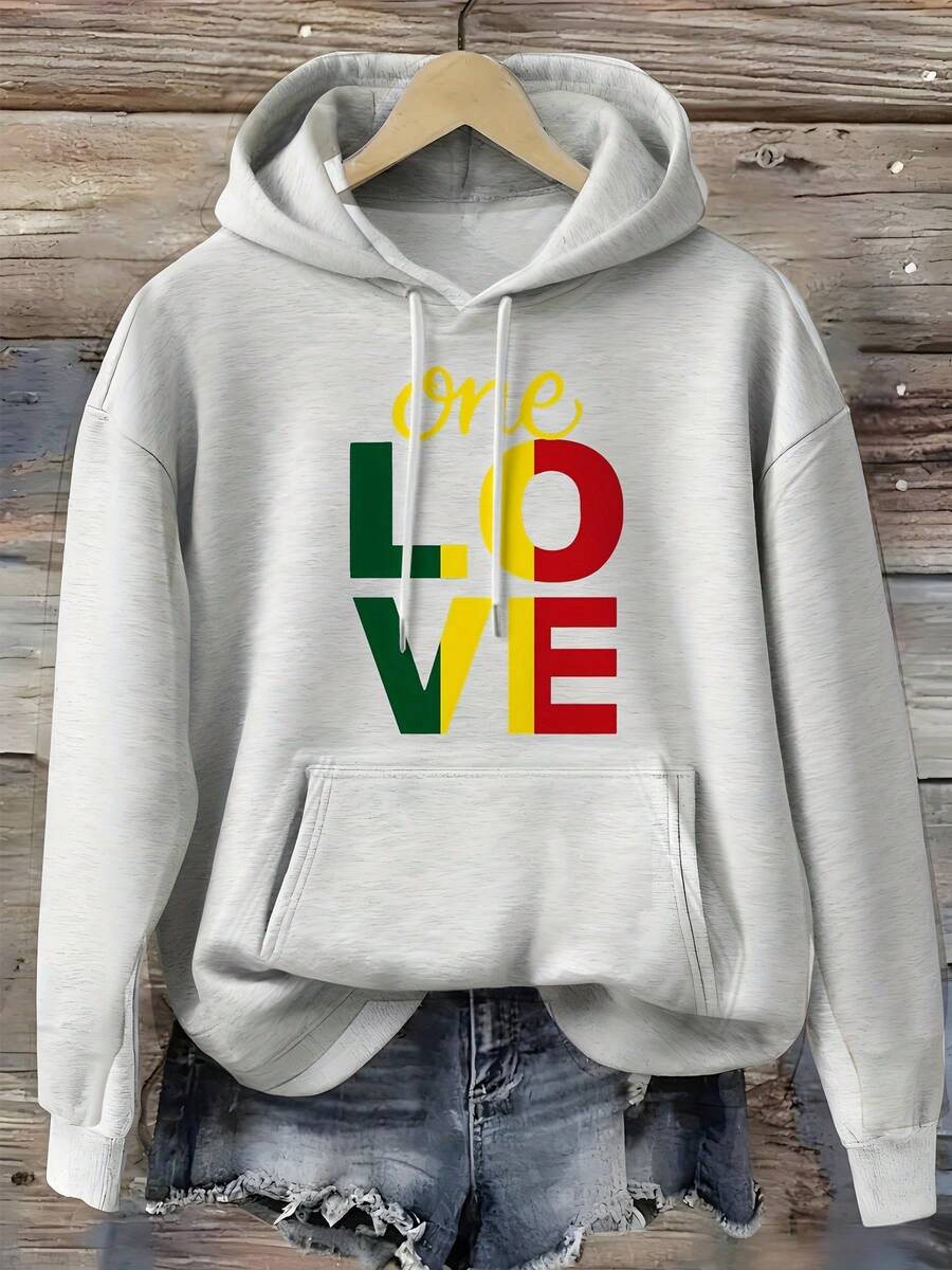 One Love Reggae Inspired Hoodie Unisex Streetwear Graphic Sweatshirt Music Festival Wear, Suitable As A Gift For Friends During Major Holidays Such As Christmas. - Màu Xám nhạt - Xem 1