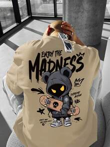 Men's "Enjoy The Madness" Streetwear T-Shirt - Oversized Style With Bear And Skateboard Print, Crew Neck For Urban Fashion And Skate Culture (Machine Washable) - 杏色 - 查看 1
