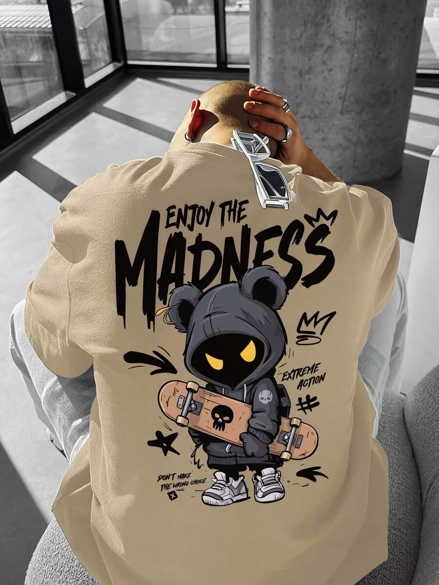 Men's "Enjoy The Madness" Streetwear T-Shirt - Oversized Style With Bear And Skateboard Print, Crew Neck For Urban Fashion And Skate Culture (Machine Washable) - 杏色 - 查看 1