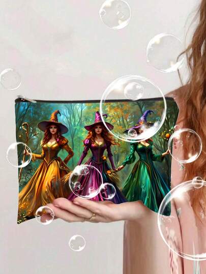 1pc Enchanting Witches In Vibrant Dresses Cosmetic Bag - DurablePolyester, Zippered Closure, Double-Sided Printing, Perfect For TravelSnacks, Stationery |Ideal Gift For Sisters And Best Friends, HalloweenEnthusiasts, Fantasy Lovers, Halloween Gift Bag|Vibrant PrintDesignZippered Bag, Witch Accessories
