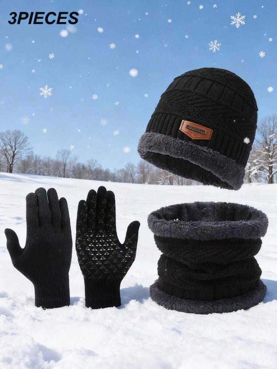 3pcs/Set Men's Winter Hat, Scarf And Gloves Set, Thermal Lined Warm Outfit
