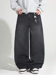 1件 Justice Brother 男士宽松水洗牛仔休闲阔腿牛仔裤（不含腰带和配饰） - 深灰色 - 查看 6