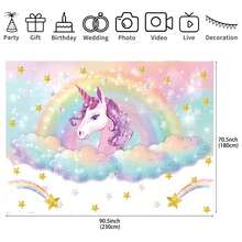 1件全新独角兽装饰背景布，亮丽涤纶纤维魔法独角兽图案 | 彩虹花朵和梦幻森林场景，适用于家居装饰、墙面装饰、房间装饰、派对装饰、摄影工作室装饰背景布、淋浴背景墙、电话亭和婴儿洗礼主题派对 - 耐用、易悬挂且可重复使用的横幅 - 彩色 - 查看 16