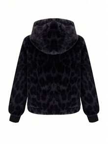 Risissida 女士短款仿毛皮连帽外套，带抽绳和口袋，纯色设计，适合春、秋、冬季穿着。 - 迷彩黑 - 查看 2