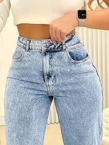 Quần jeans nữ màu xanh nhạt dáng suông, chất liệu denim bạc màu, có túi, kiểu dáng thường ngày, thích hợp cho mùa xuân. - Màu xanh lam - Xem 4
