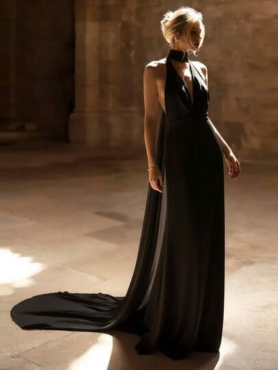 Basrey New Black Fashionable And Elegant Women's White Hanging Neck Deep V-Neck High Waist Slim Fit Backless Ribbon Cocktail Party Evening Dress Fishtail Skirt Long Dress Bridesmaid Dress, Suitable For Weddings, Parties, And Receptions