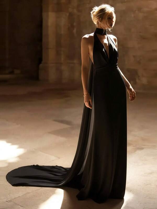 Basrey New Black Fashionable And Elegant Women's White Hanging Neck Deep V-Neck High Waist Slim Fit Backless Ribbon Cocktail Party Evening Dress Fishtail Skirt Long Dress Bridesmaid Dress, Suitable For Weddings, Parties, And Receptions