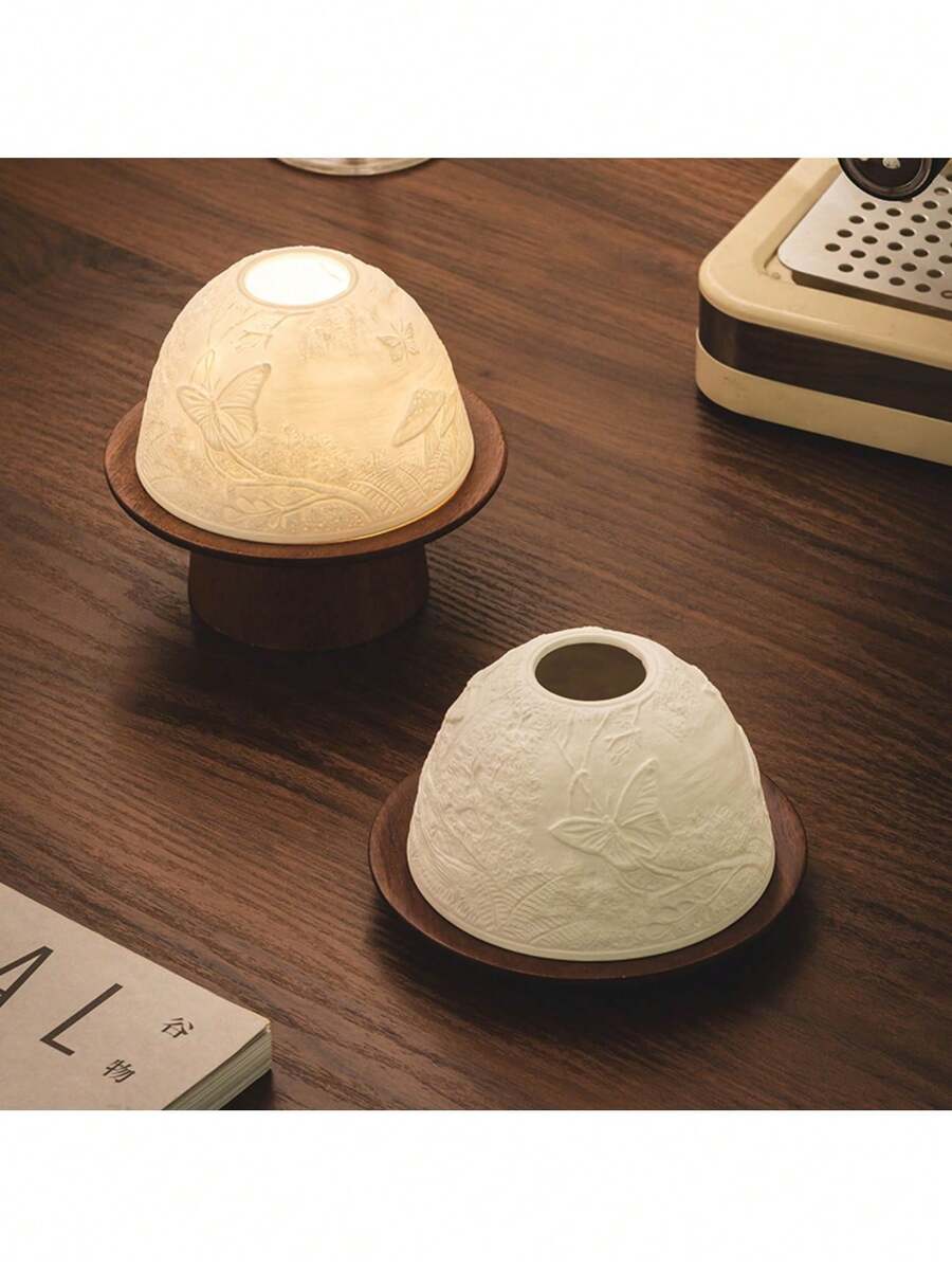 1 Bộ chân nến bằng gỗ óc chó phong cách Trung Hoa cổ điển với chụp đèn bằng gốm trong mờ, chân nến & lư hương trang trí, chân nến bằng gỗ để bàn ăn lãng mạn, thích hợp cho gia đình, nhà hàng, ngày lễ - Nâu + trắng - Xem 1