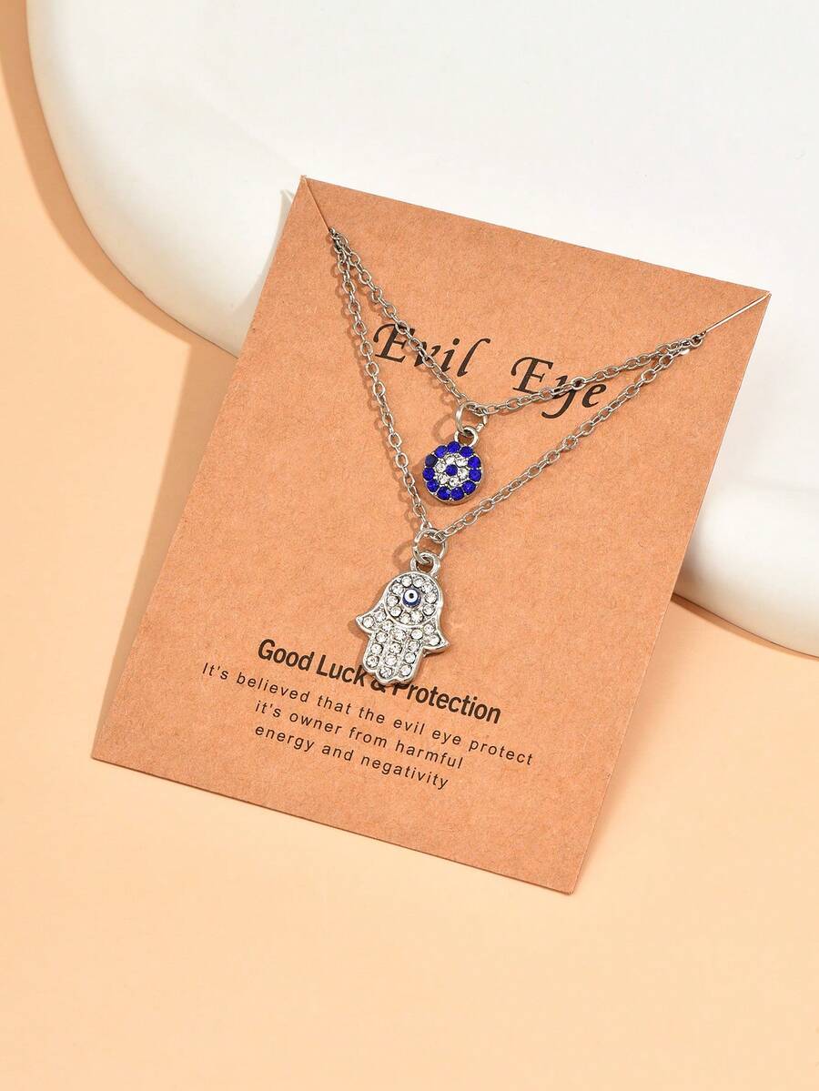 2 piezas Collar con colgante minimalista en forma de ojo de diablo y palma de cristal de K blanco, con empaque de tarjeta de regalo - K blanca - Ver 1