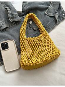 BAILEE 一套涤纶钩编网眼底多色纯色针织手提包，菱形绗缝图案，轻便易携，大容量，可爱时尚，适合女性、上班族、教师、女孩，是商务/通勤/工作/办公、节日/假期/户外/旅行/徒步/运动的理想之选，适合夏季、秋季和冬季，是夏季度假必备包包，也是教师节的绝佳礼物，钩编，可爱 - 黃色 - 查看 5