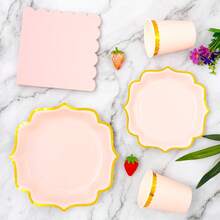 8pcs Blush Pink Rimmed Floral Shaped Disposable Plate, Napkin And Cup Set, Plates, Napkins And Cups Party Supplies, Suitable For 8 Guests, Disposable Paper Plates Party Tableware For Birthday, Wedding, Theme Party, Family Picnic - Multicolor - View 4