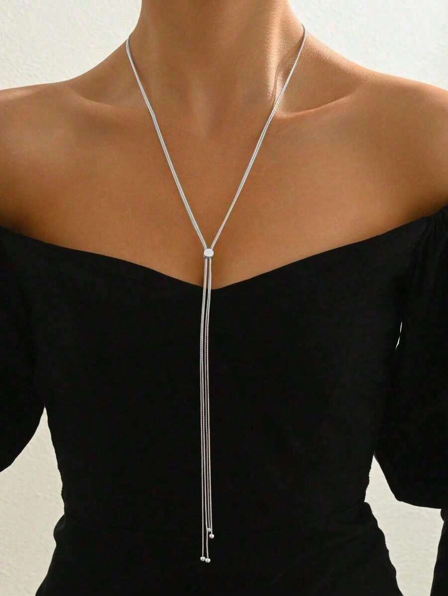1pc New Fashion Adjustable Y-Necklace With Snake Bone Chain Design, Versatile Sweater Necklace - Silver - View 1