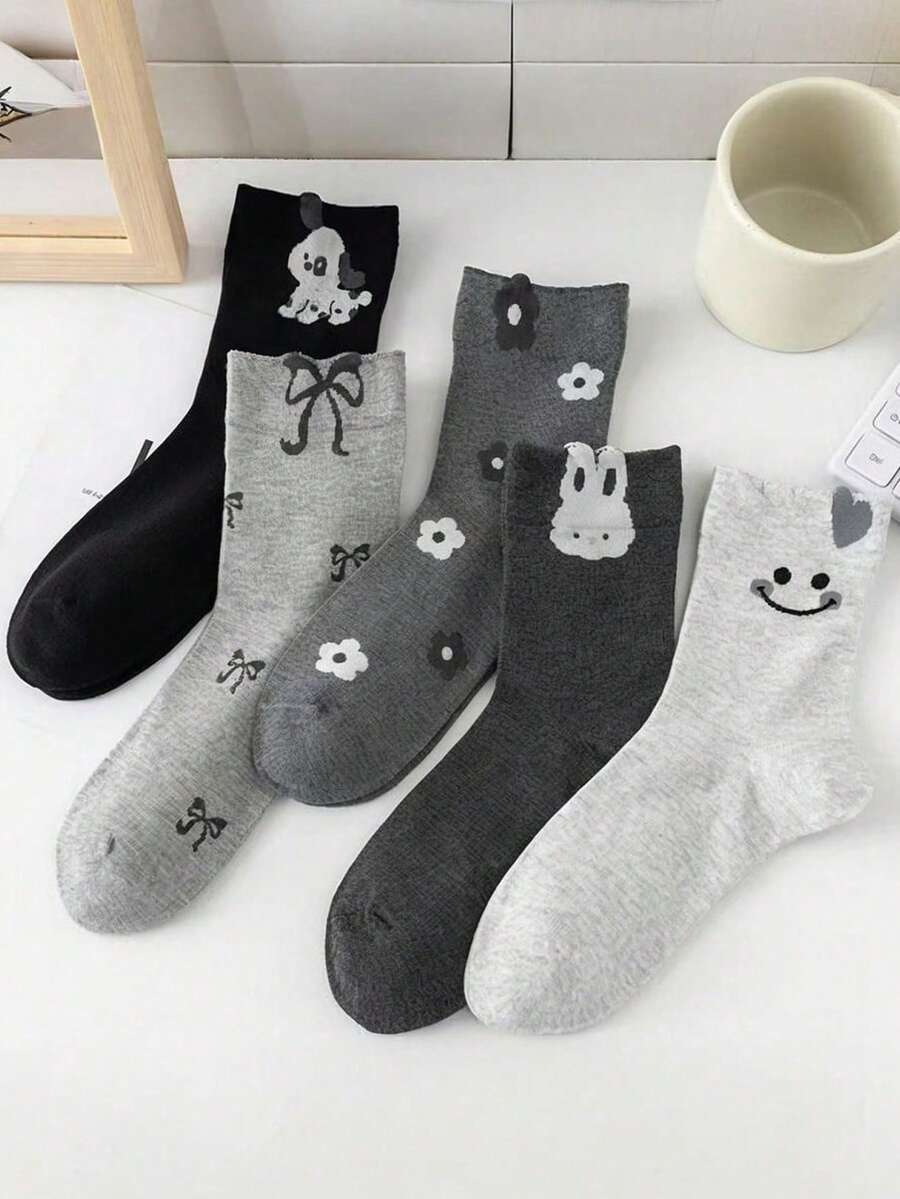 5双装女士蝴蝶结卡通中筒袜，柔软吸汗时尚长袜，适合休闲穿着，秋冬韩版风格 - 彩色 - 查看 1