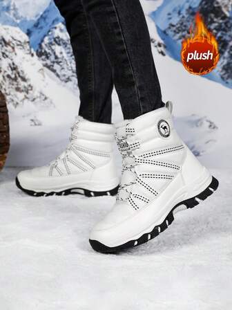 Damsnökängor, nya höst-/vinterstövlar med plyschfoder, halkfria snöstövlar med tjock sula, slitstarka vadstövlar med snörning, tät isolering, utomhusvandringskängor för kvinnor, ovandel i läder och tyg, enfärgad, exklusiv, fuzzy, moderiktiga och mångsidiga höga vinterstövlar