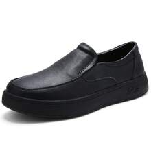 Men's Flat Anti-Odor Slip-On Round Toe Soft Sole Genuine Leather White Shoes Shock Absorption Comfortable Breathable - Black - View 1