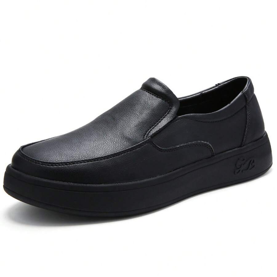 Men's Flat Anti-Odor Slip-On Round Toe Soft Sole Genuine Leather White Shoes Shock Absorption Comfortable Breathable - Black - View 1