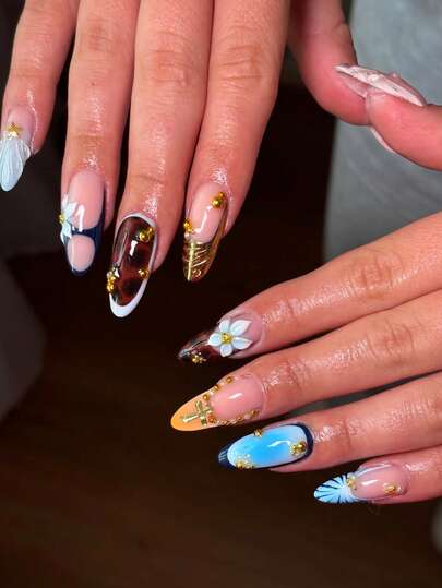 24 Pcs Of Medium-Length Almond-Shaped Nails Press On For Autumn And Winter, Brown And Coffee Color, 3D Three-Dimensional Blue And White Carved Gold Stamens, Sunset Orange Gradient, Milky White And Blue Coloring, Metal Starfish Shell Three-Dimensional Glue Sense With Pearl Fashion Items, High-End Fake Nails With Jelly Glue 1 Piece, 1 Rub Strip