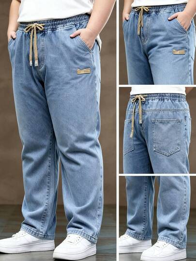 Plus Size Men's Elastic Waist Drawstring Relaxed Fit Jeans, Loose Straight Leg Casual Comfortable Denim Pants, All Seasons