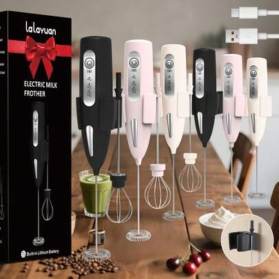 3-Speed USB Rechargeable Electric Milk Frother, 2 Optional Heads(Foam Maker & Egg Whisk) | Powerful Handheld Drink Mixer, Fast Foam In Seconds For Coffee, Cap, Chocolate, 304 Stainless Steel Quiet Portable Mini Blender | Perfect Gift For Home Barista