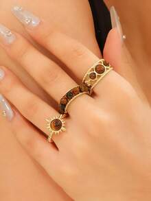 1 Set Of 3 Vintage Amber Color Natural Stone Rings, Fashionable High-End Niche Design Unique Handmade Woven Open Ring Set For Women - 4116 - View 22