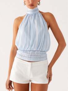 Women Y2k Halter Crop Tops Sleeveless Slim Fit Open Back Stylish Tank Top Tie Up Back Solid Color Summer Causal Camisole For Beach Club Party Streetwear - Màu xanh lam - Xem 1