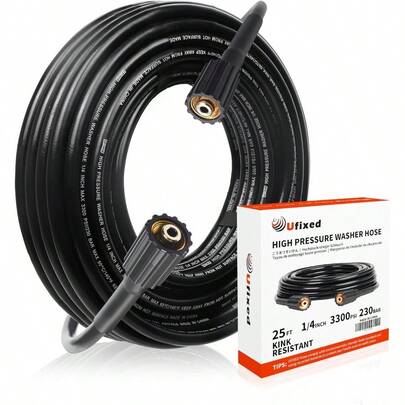 Ufixed 1 4" Pressure Washer Hose 25FT M22143600psi Quick Connect 360° Swivel KinkResistant Suit For Main Pressure Washer Black