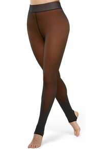 Fleece Lined Sheer Warm Pantyhose Leggings Translucent Thermal Winter Thick Tights Dresses, Women's Style 5FUO - 馬鐙焦糖 - 查看 1
