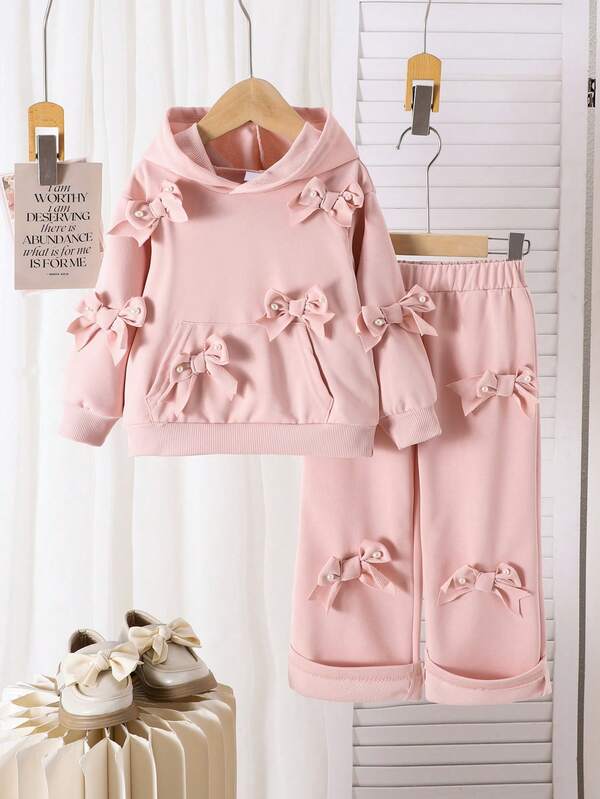 2pcs Girls Toddler Casual Chic 3D Beaded Bow Hoodie Top And Pants Set, Spring/Autumn