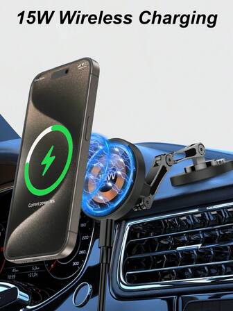 通用磁吸车载手机支架 - 360°旋转可调节支架，强力磁吸 - 兼容15、14、13和12系车型，必备车载仪表盘配件，兼容iPad、安卓手机、笔记本电脑，支持快速充电和多设备同时充电，设计紧凑高效，随时随地充电，是送给家人、朋友、孩子、生日、圣诞节、冬季、奶奶的理想礼物。支持无线充电