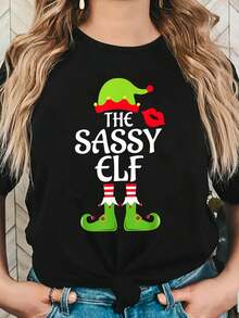 [Oferta especial de vacaciones]Camiseta casual de manga corta con cuello redondo para mujeres con estampado de elfo navideño 'The Sassy Elf' para primavera y verano, reunión navideña, salida navideña, fiesta navideña, regalo de vacaciones - Negro - Ver 1