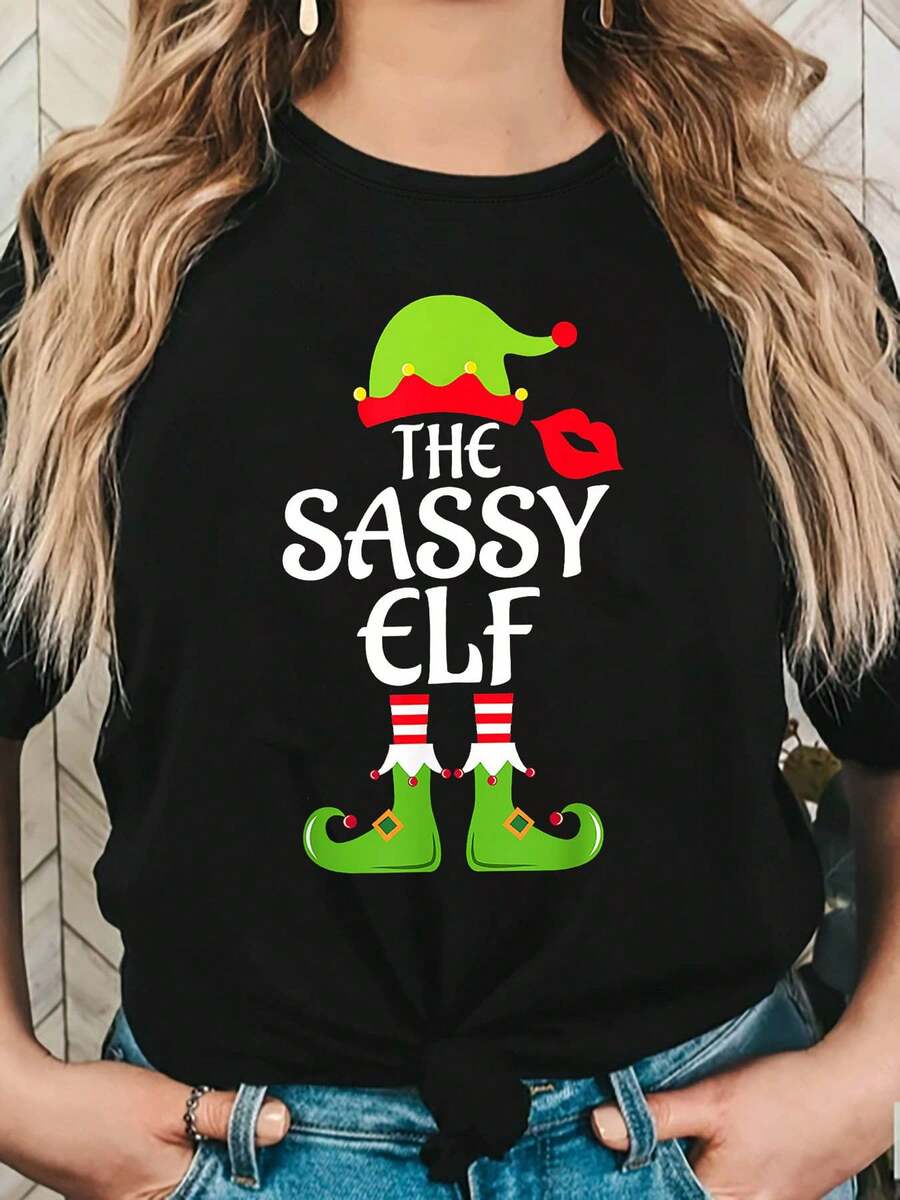 [Oferta especial de vacaciones]Camiseta casual de manga corta con cuello redondo para mujeres con estampado de elfo navideño 'The Sassy Elf' para primavera y verano, reunión navideña, salida navideña, fiesta navideña, regalo de vacaciones - Negro - Ver 1