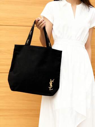 Yves Saint Laurent Women's Black Canvas Tote Bag, Large ​​Open Top​​ Shopper With Gold-Tone Logo & Jacquard Strap Handle, Fashion Shoulder Bag​