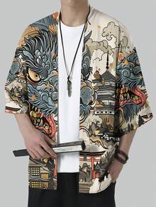 男士休闲时尚开襟和服印花上衣，服装 - 黑色 - 查看 4